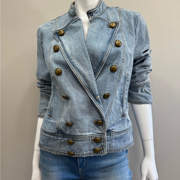 Free People Double-Breasted Military Moto Light Blue Denim Jean Jacket Band - Picture 4 of 9